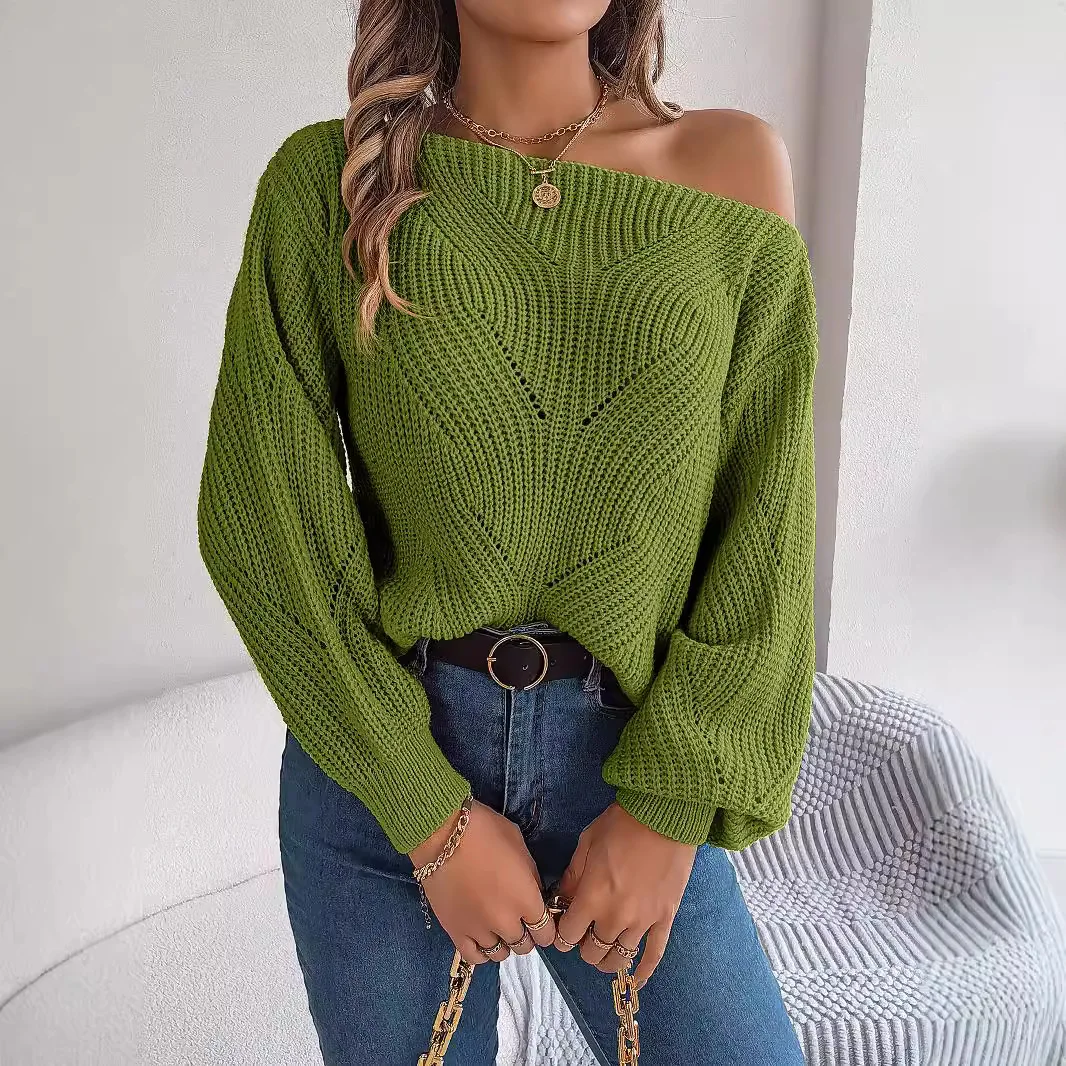 Fashion Women's Autumn and Winter Leisure Hollow-out One-Word Collar Fashion Off-Shoulder Lantern Sleeve Sweater Solid Color