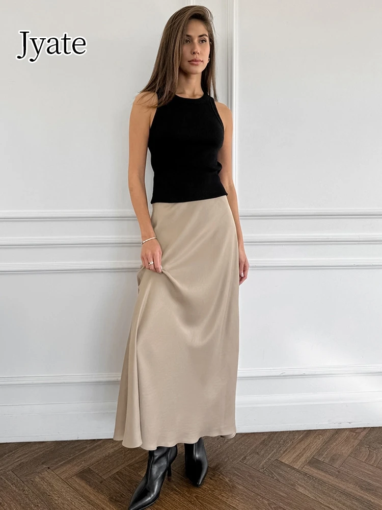 Jyate Khaki A-Line High Waist Casual Skirts 2024 Autumn Fashion New Soft Satin Skirts Women Office Ladies Flowing Hem Long Skirt