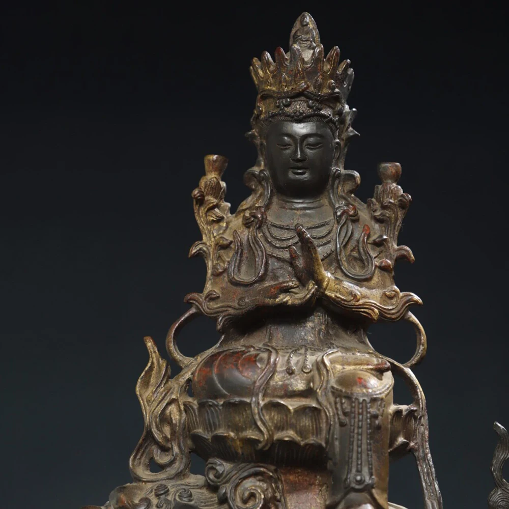 Tibetan Buddhist Pure Copper Manjushri Riding Lion Statue Antique Home Altar Desktop Decor Figurine