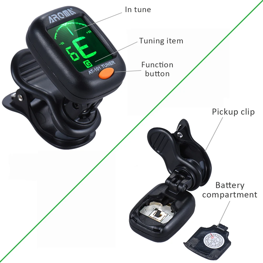 AROMA AT-101 Mini Clip-on Digital Tuner Guitar Tuner Rotating Clip High Sensitivity for Chromatic Guitar Bass Violin Ukulele