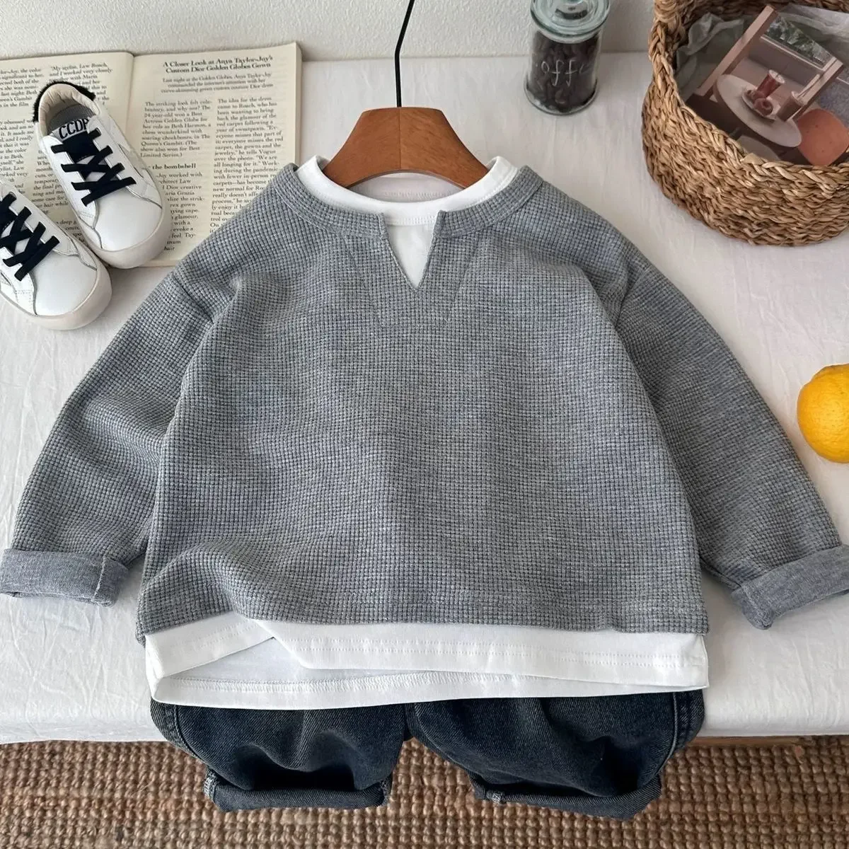 Kinder Jungen Sweatshirt Herbst 2026 Säugling Baby Jungen Pullover Lässig 1-10 Jahre Kinder Jungen Waffel Fake Zweiteilige Oberteile – Detail 17