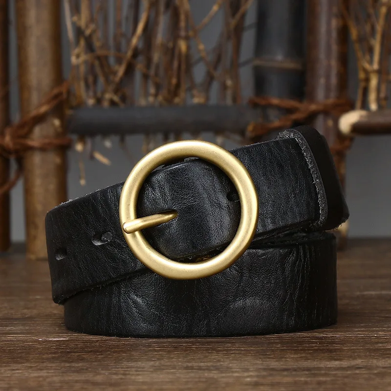 

3CM wide retro couple style circle buckle belt genuine leather pin buckle pure cowhide versatile unisex denim belt