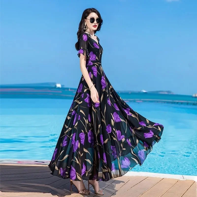 Women Summer Chiffon Boho Dress 2024 New Elegant Floral Print Beach Chic Casual V-Neck Fashion Long Dresses Female Sundress 5XL