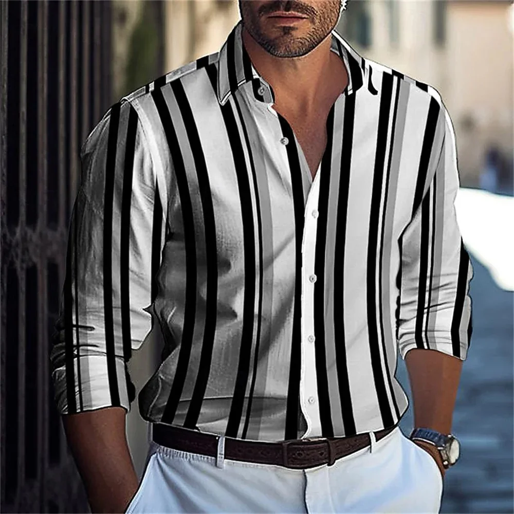 

New men's striped printed collar button up shirt for spring and summer fashion casual long sleeved comfortable street top