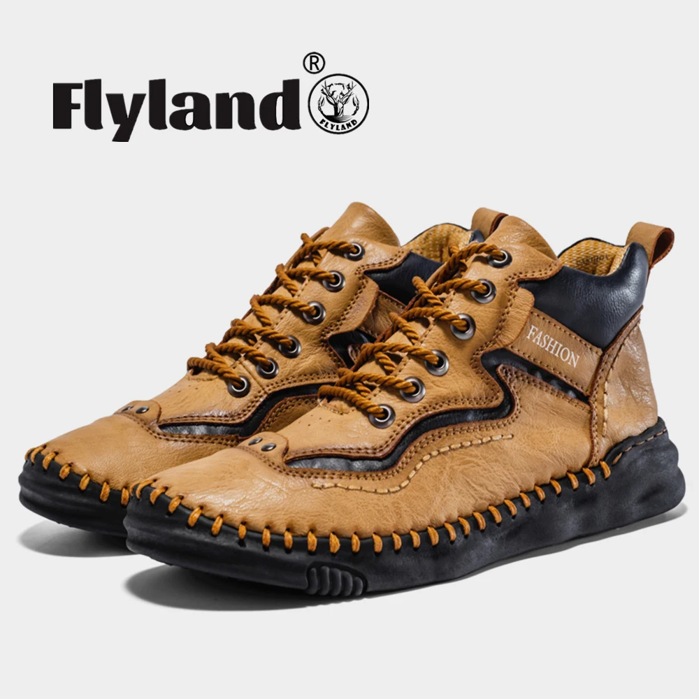 

FLYLAND Fashion Casual Leather Shoes Vintage Hand Stitching Soft Business Men's Boots Driving Walking Shoes Chukka Boots