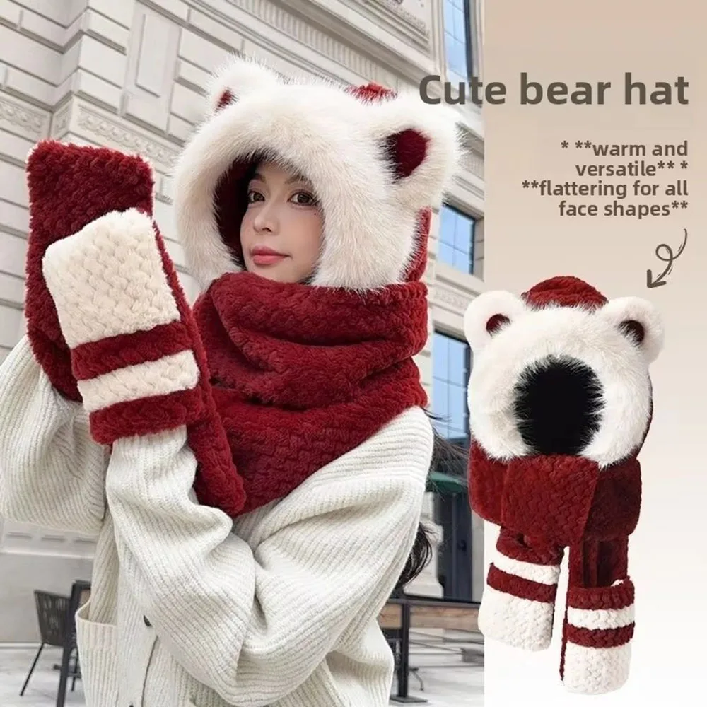 Three-in-one Hat Winter Women's Plus Bear Hat Scarf Gloves One-piece Hooded Cute Warm Plush Three-piece Suit To Prevent Cold