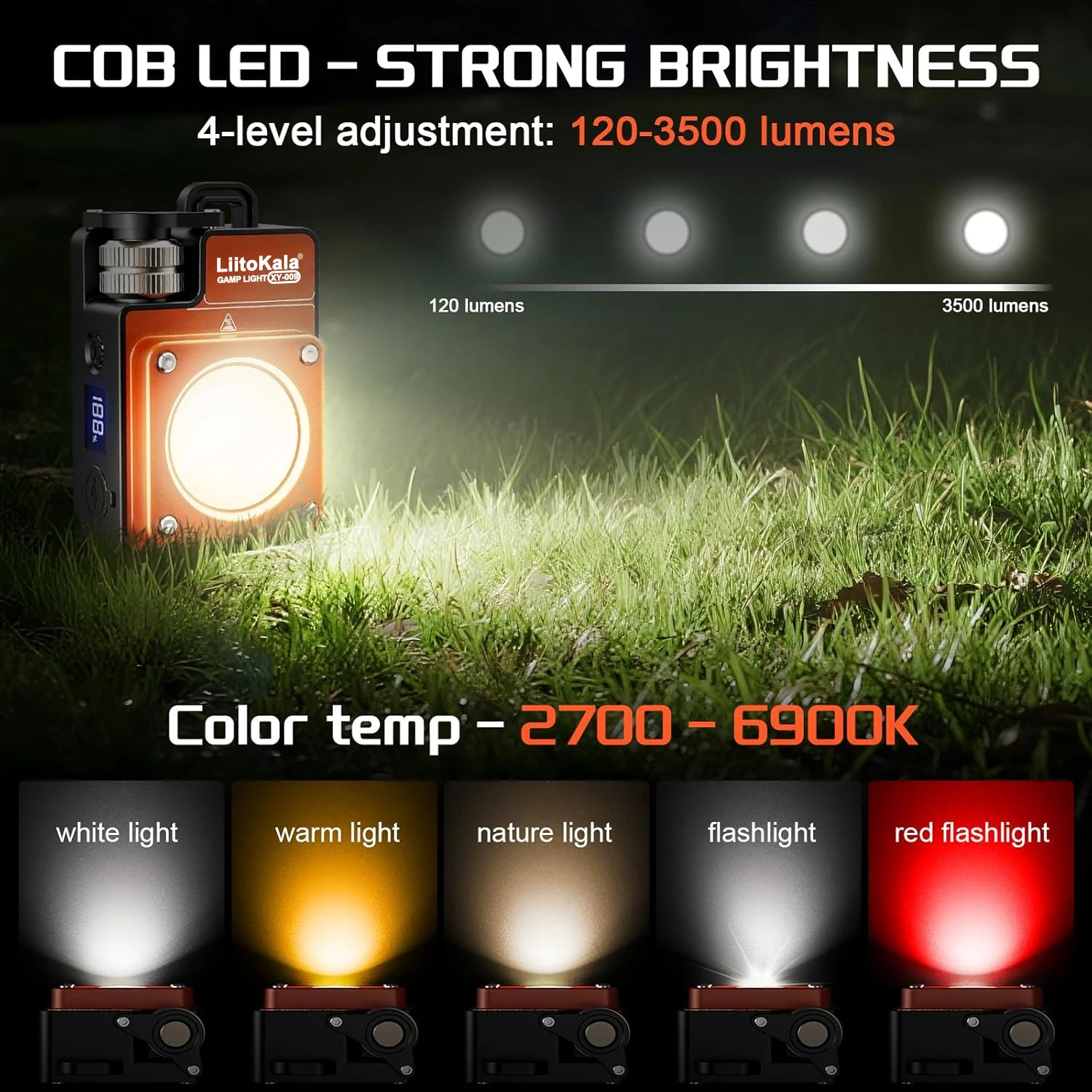 LiitoKala XY-009 3500LM Camping Lamp, Rechargeable LED Flashlight, IPX4 Waterproof, Magnetic Base, Red Light, Portable Outdoor L