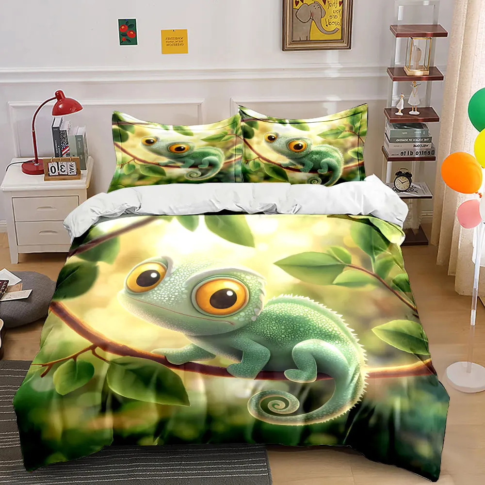 Cute big-eyed green chameleon Print Bedding Set 1 Duvet Cover 2 Pillowcases for Adult and Children Luxury Gift Full Size