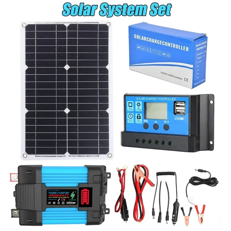 12V to 110V/220V Solar Power System 20W Solar Panel+30A Charge Controller+6000W Modified Sine Wave Inverter Power Generation Kit