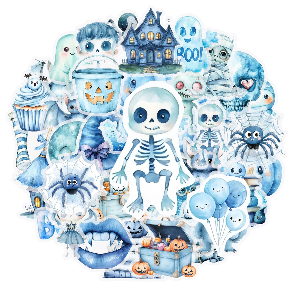 10/30/50pcs Simpatico Cartone Animato Blu Halloween Adesivi Kawaii Fantasma Teschio Decalcomanie per Moto Telefono Valigia PET Adesivo Divertimento per Il Giocattolo