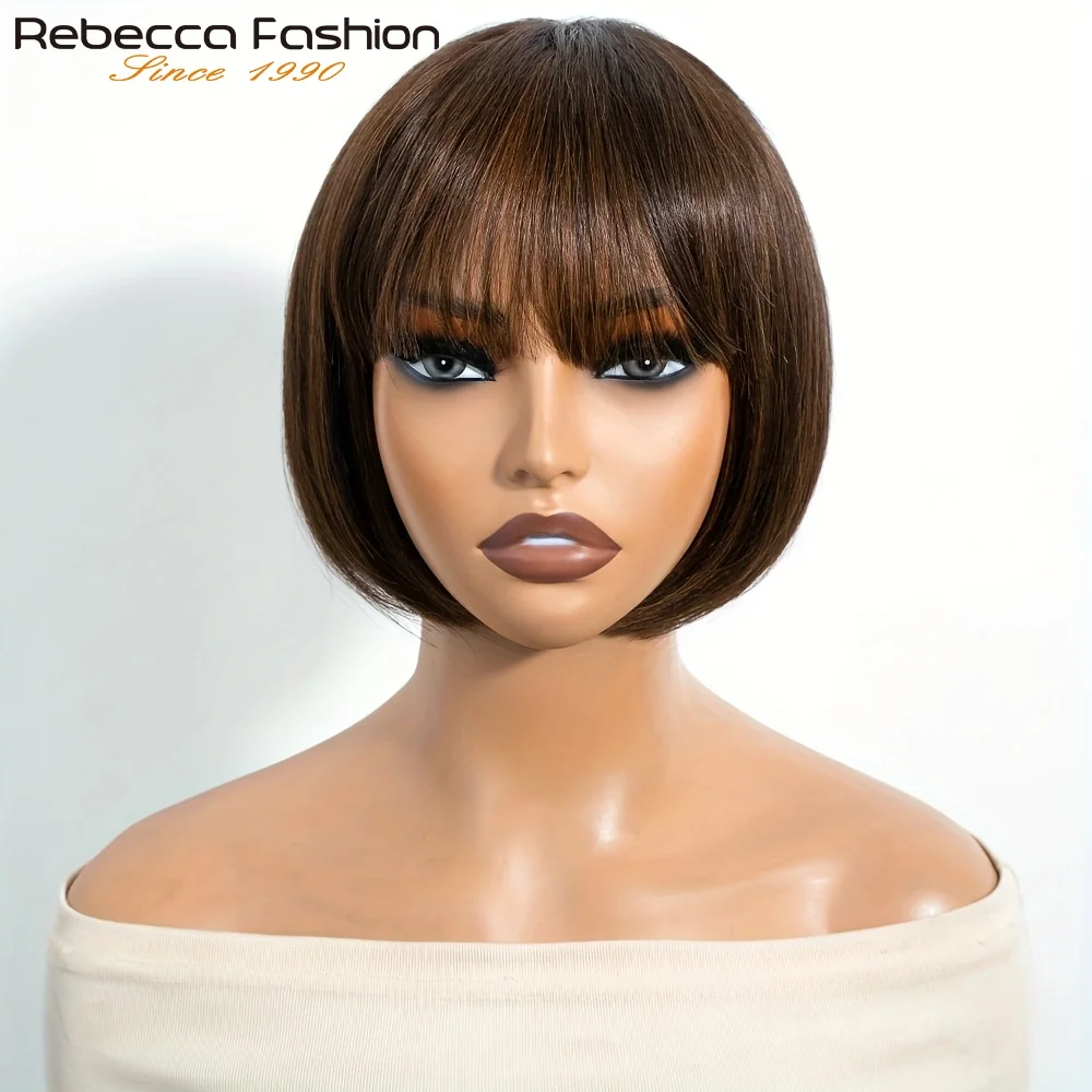 Rebecca Youth Glueless Bob Wig with Bangs - Natural Look Short Straight Human Hair Wigs, Easy to Style with Flat Irons/rollers