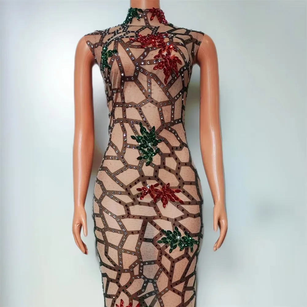 섹시한 민소매 롱 드레스 화려한 라인스톤 여성 투명 이브닝 가운 프롬, 생일, 캣워크, 무대 의상에 완벽