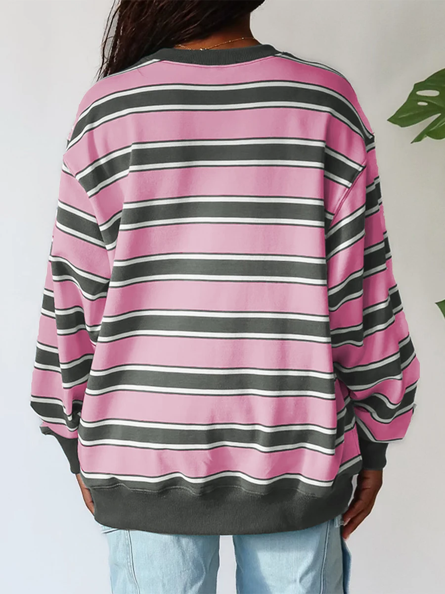 Women s Spring Autumn Loose Sweatshirt Long Sleeve Round Neck Casual Striped Pullover