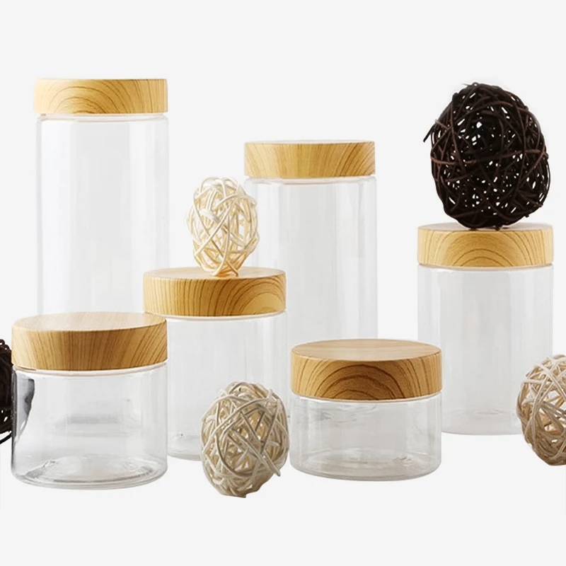 100ml 200ml 300ml 500ml Empty Clear Pet Jars Containers With Imitation Wood Texture Lids Jar Home Plastic Seasoning Bottle