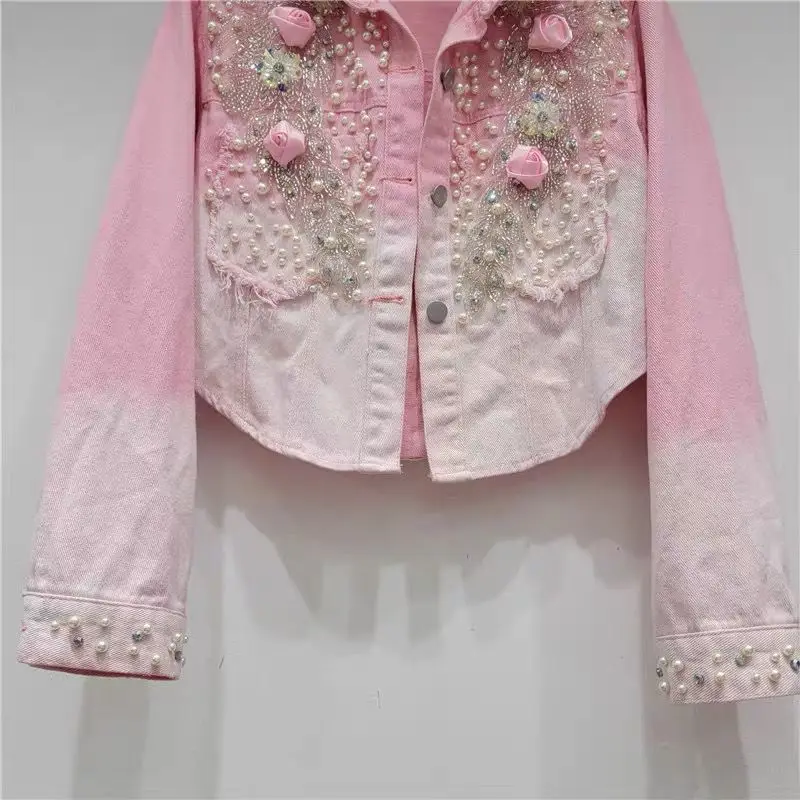 Heavy Industry Nails Flower Design Gradual Change Color Denim Short Jacket Women's  Korean Version  Fried Long Sleeve Jacket Top