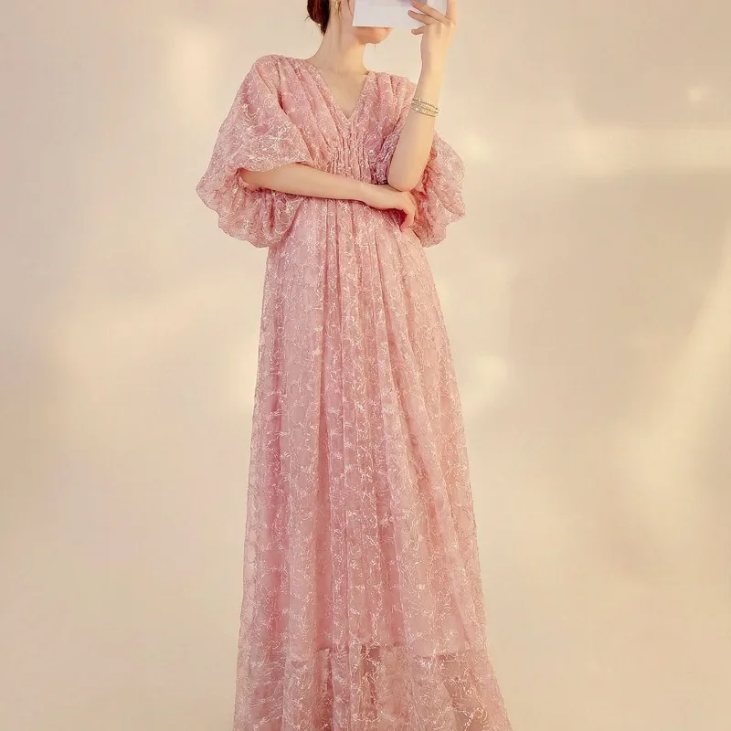 Gentle Pink V Neck Oversized Puff Sleeve Long Dress Floral Pattern Floor Length Outfit for Photoshoot Garden Picnic Holiday