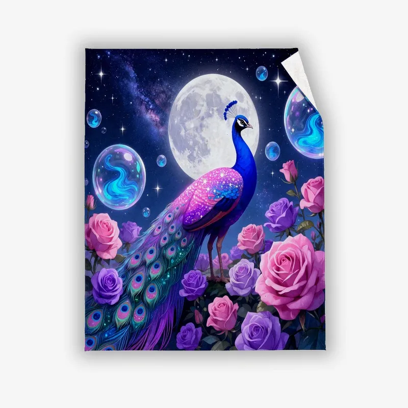 Soft Warm Flannel Throw, Magical Galaxy Peacock with Moon & Roses Design, Light Cover for Bedroom, Sofa & Art Wall Decor