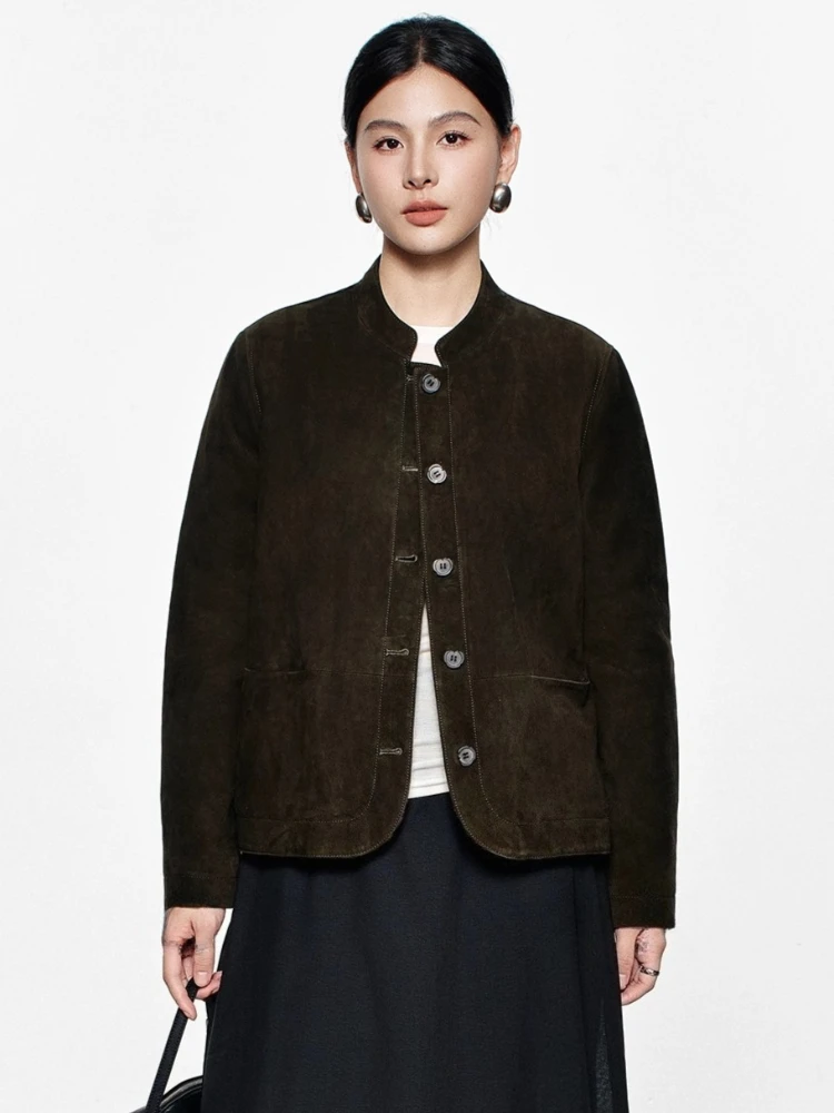 

Vintage Short Genuine Leather Suede Jacket for Women Autumn Winter High-end Simple Stand Collar Real Cow Leather Camel Down Coat
