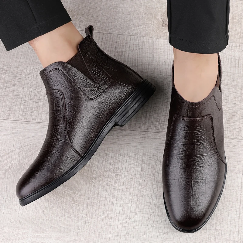 Brand Black/brown Men Ankle Boots Business Comfort Mid Top Leather Shoes Top Layer Cowhide Pattern Fashion Casual High Top Boots