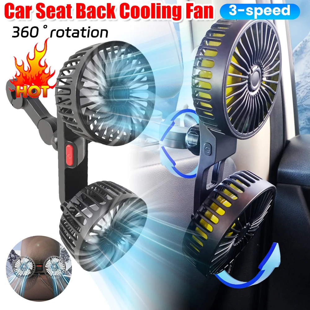 3-Speed Car Seat Back Cooling Fan 360° Adjustable Dual Head Fan Auto Headrest Ventilation Fan Brushless Fan Car Accessories