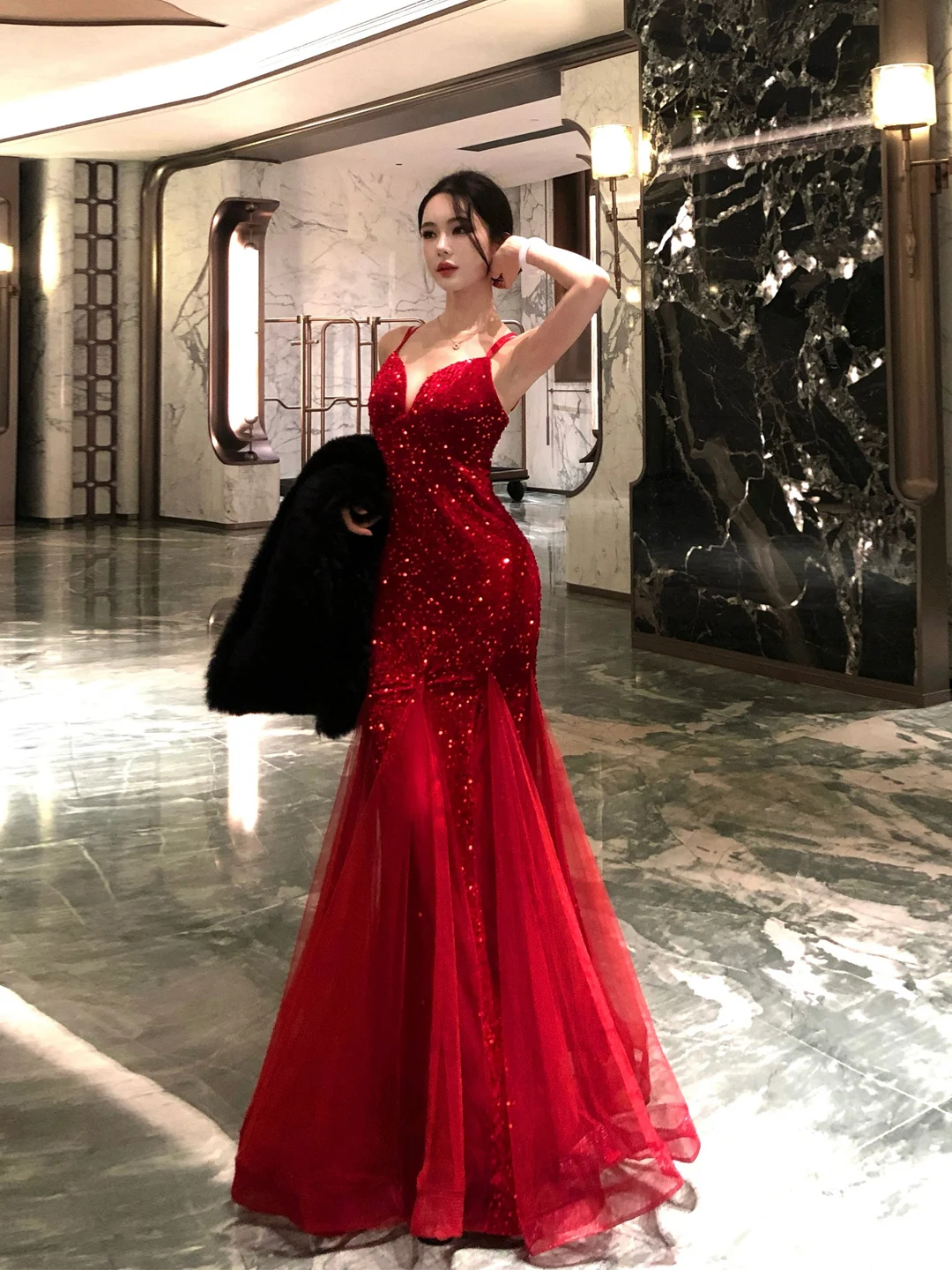 

Red Sequin Me Strap Dr Women's Evening Art Exam Adult Ceremony Dr Ele Bal Butt Hing Fi Tail Long Dr