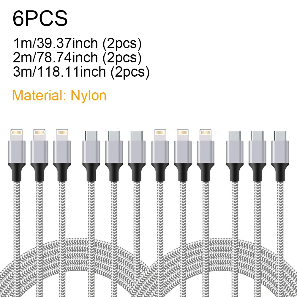 

Jogrytece, 6 шт., зарядное устройство для iPhone, USB-C к IP-порту, совместимый с быстрой зарядкой, PD-кабель для iPhone 14 13 12 11 Pro Max XR XS