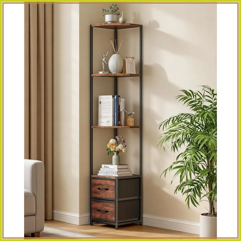 

6-Tier Corner Bookshelf with Fabric Drawers, Freestanding Storage Shelf for Living Room Bedroom Kitchen Bathroom, Black Brown