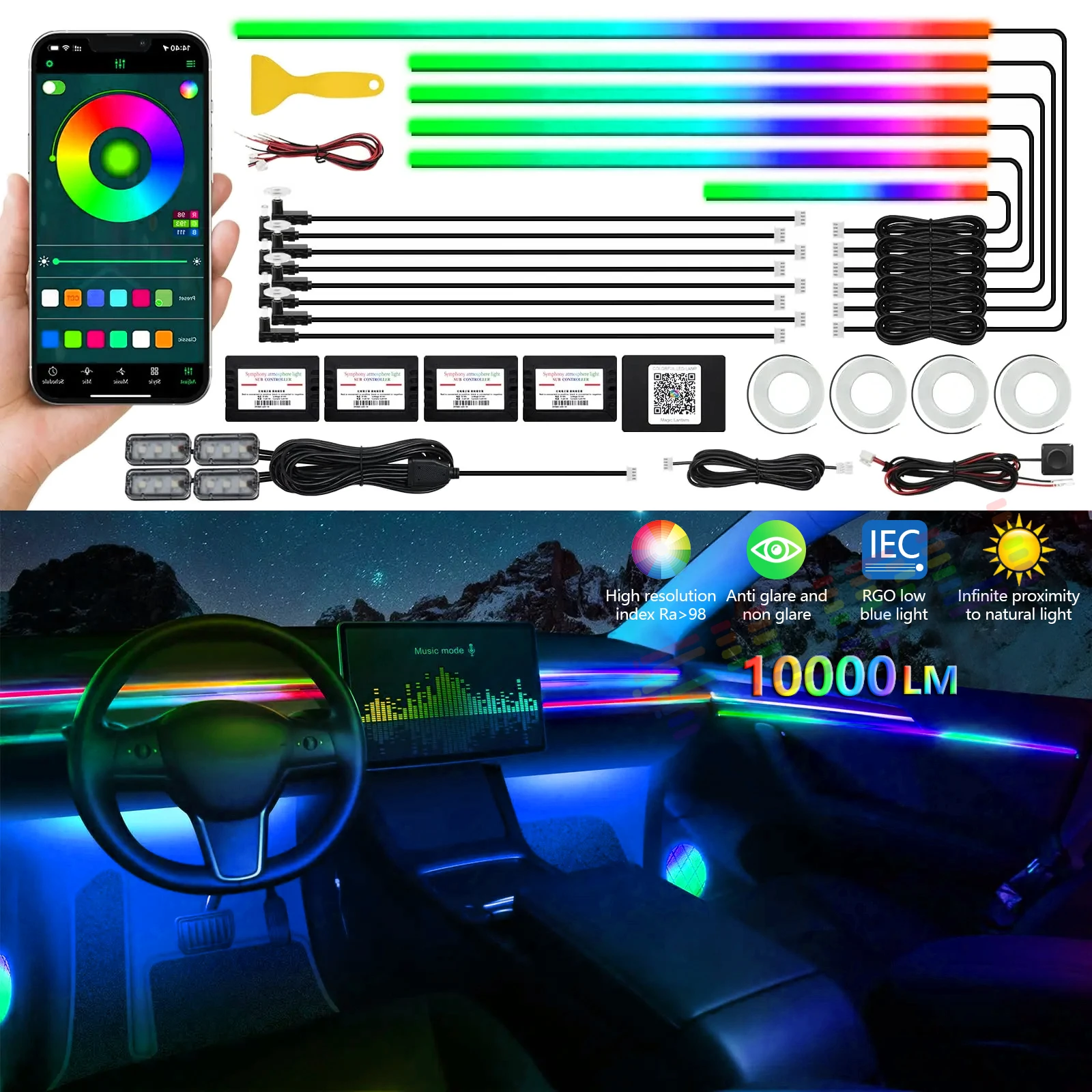 22 In 1 Full Color Streamer Car Ambient Lights RGB 64 Color Universal LED Interior Hidden Acrylic Strip Symphony Atmosphere Lamp