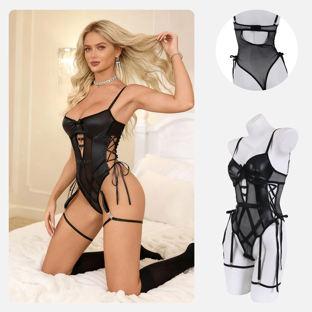 

Sexy Leather Erotic Underwear, Cut-out Straps, Hanging Socks, One-piece Suit, Mesh Patchwork Tight Straps, Nightclub Set