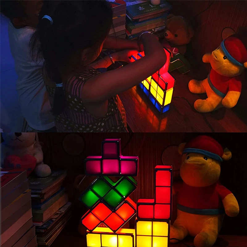 

Led Stackable Puzzle Light Diy Novelty Desk Lamp 7 Color Constructible Block Plug-In Night Light Retro Game Brick Kid Toy Gift