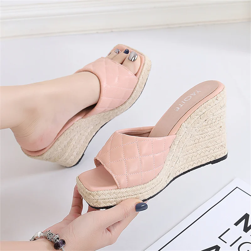 Summer Fashion Flip-flop Sandals Female Leather Slippers Wedge Shoes Espadrilles Slides High Heels Women Big Size 42 43 44 45 46