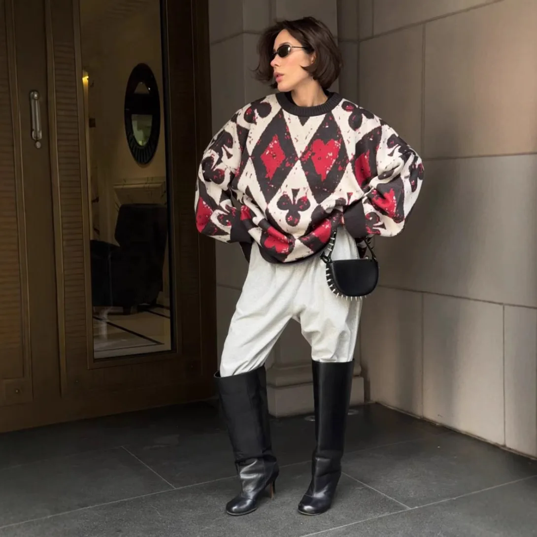 2025 المتناقضة الماس الرجعية المتناقضة Crewneck متماسكة المرأة الخريف/الشتاء فضفاض البلوز تصميم سترة #3