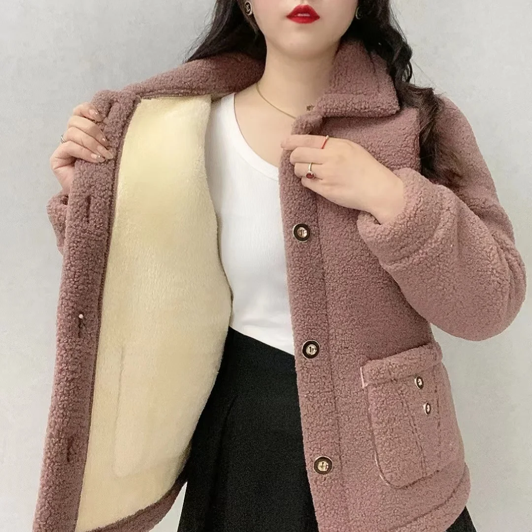 Abrigo de lana de cordero para mujer, chaquetas gruesas informales a la moda con cuello vuelto, cálidas, otoño e invierno, 2023