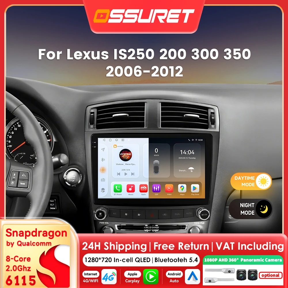 2DIN Bluetooth Android Autoradio für Lexus IS250 200 300 350 2006 - 2012 Kabelloses Carplay für Apple Auto Multimedia-Videoplayer 6115 Octa Core 360 Kamera RDS DSP Head Unit Bildschirm