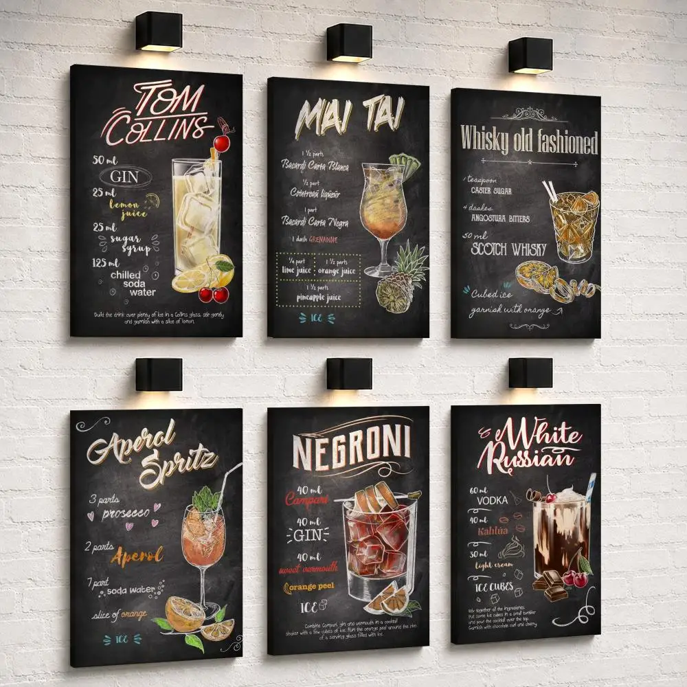 Cocktail Drinks Daiquiri Mojito Framed Wall Painting Ready to Hang Canvas Art Poster for Living Room Bedroom Home Decor Decals