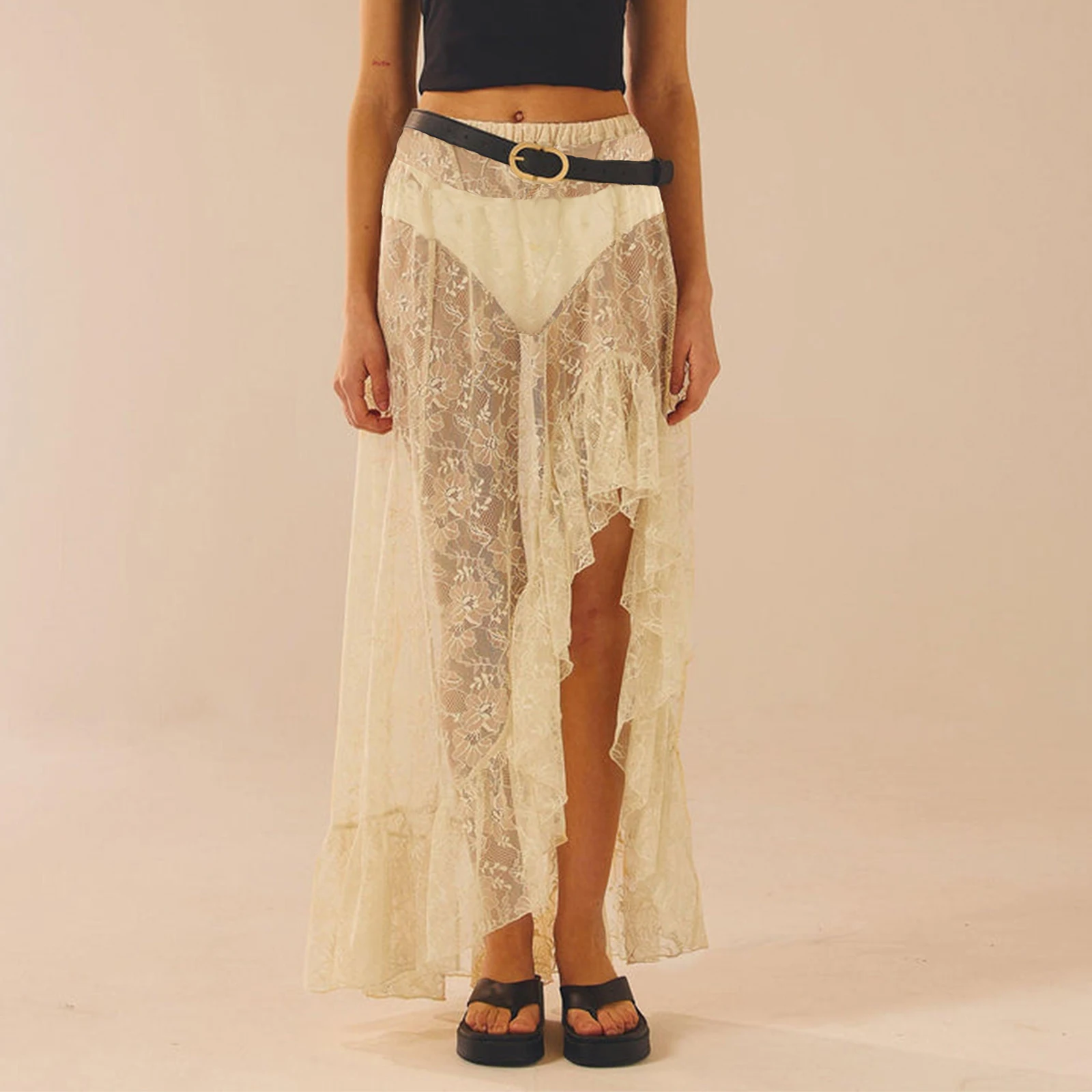 

Women's Lace Long Skirts Vintage High Waist Solid Color Asymmetrical Hem Ruffle Midi Skirts Flowy Skirts Streetwear