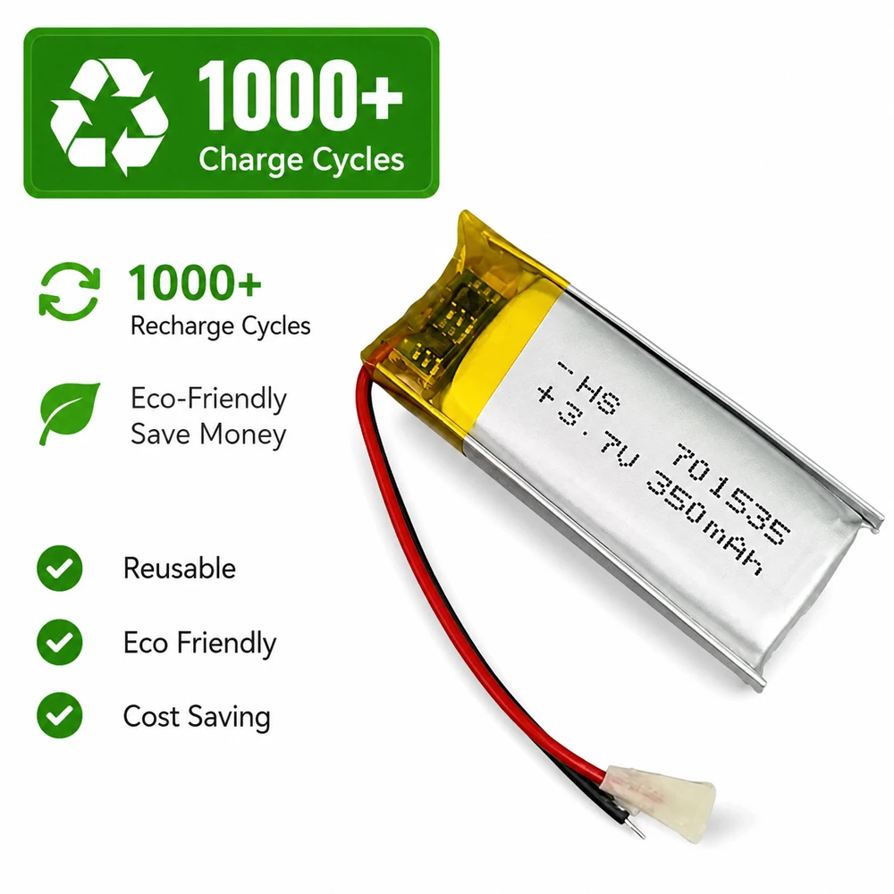 701535 3.7V Polymer Lithium Rechargeable Battery 350mAh for Bluetooth Headset Dog Training Device