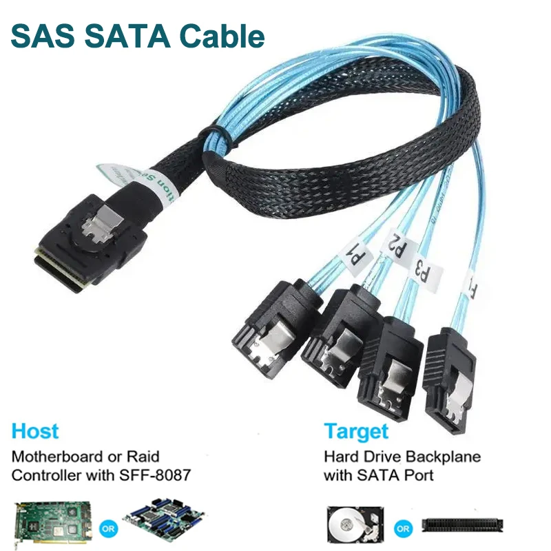 

Mini SAS 4i SFF8087 36P To 4 SATA 7P Cable SAS SATA Cable Mini-SAS SFF-8087 To 4 SATA Cable 12Gbps 50cm Hard Drive Data