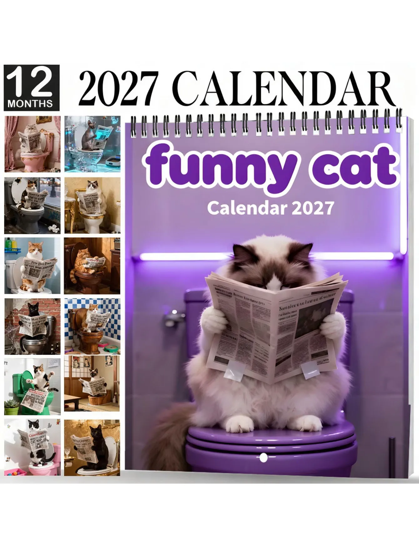 2027 Fun Cat Reading Newspaper Calendar - Spiral Binding Thick Coated Paper Suitable for Home or Office New Year Gifts