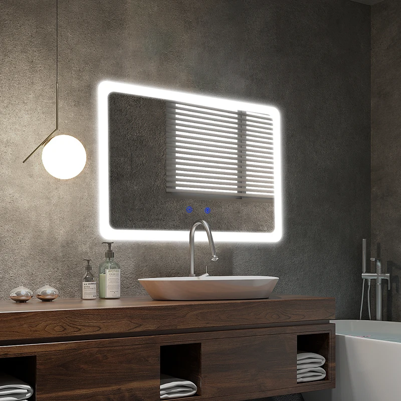 High quality wall mounted smart led mirror touch screen smart vanity bathroom mirror with time display