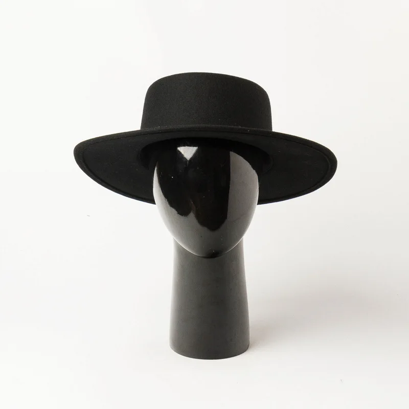 Autumn Winter New Style Frayed Edge Decorated Wool Felt Flat Top Hat for Travel, Shopping, and Leisure