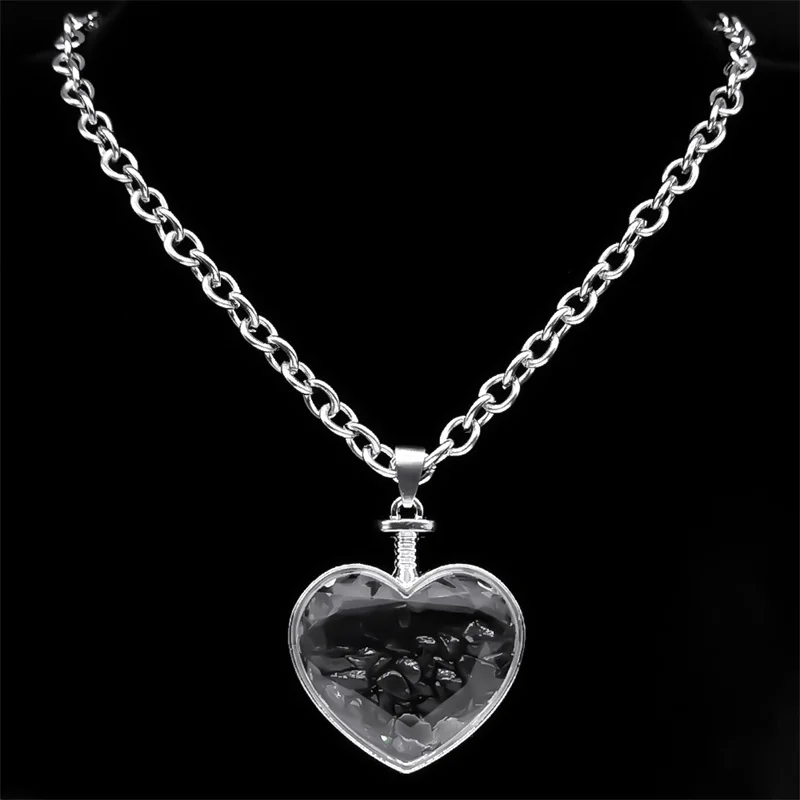 Goth Punk Black Heart Crystal Pendant Necklace for Women Men Stainless Steel Silver Color Chain Y2K Necklaces Jewelry NZZZ369-1