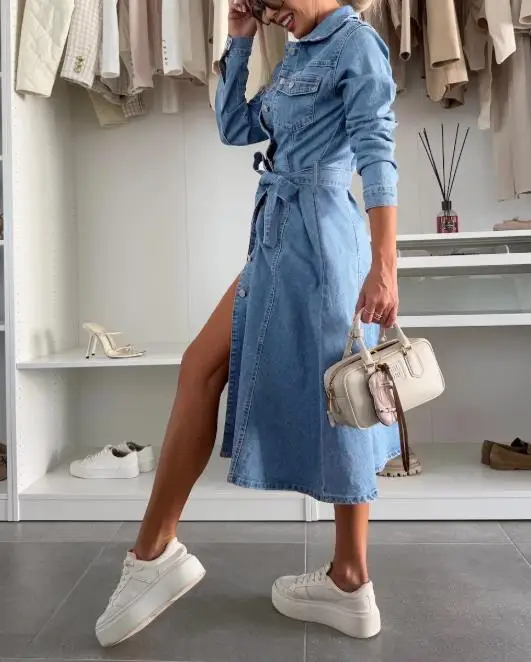 

Solid Color Lapel Tie Waist Cinched Thin Denim Dress for Autumn Fashion and Individuality, High Street Style Women's Denim Dress