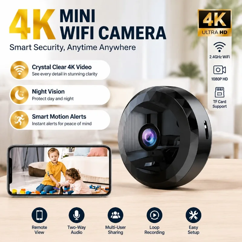 4K Mini WiFi Camera Wireless Security HD Baby Monitor Night Vision 1080P AI Home Camcorder 2.4GHz TF Card Support for Android