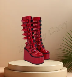 Roter Gürtel Dekor Punk Stiefel Plattform Reiß verschluss seltsamen Stil Schuhe klobige High Heel Schuhe für Frauen Schuhe Zapatos Para Mujere