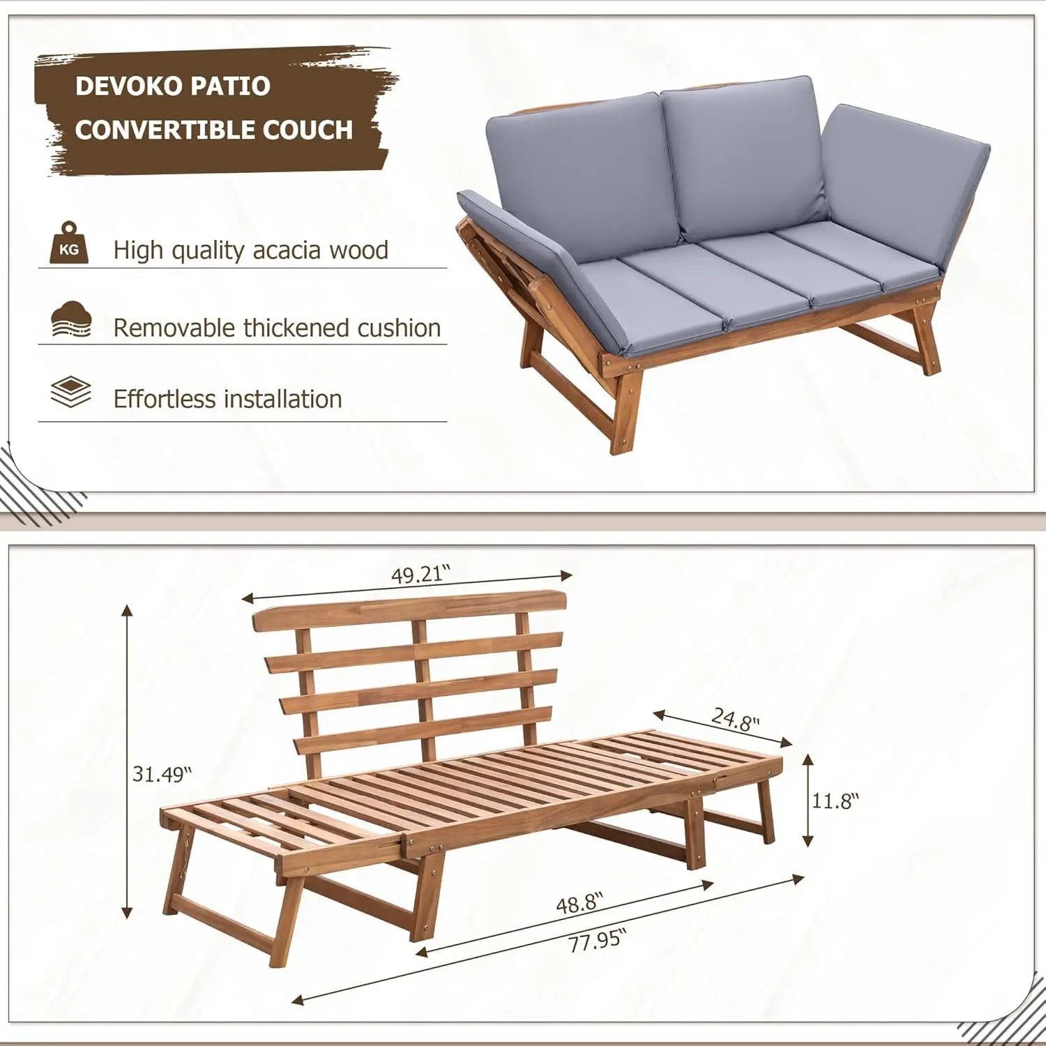 Outdoor Couch Acacia Wood Outdoor Sofa Balcony Furniture (Grey)