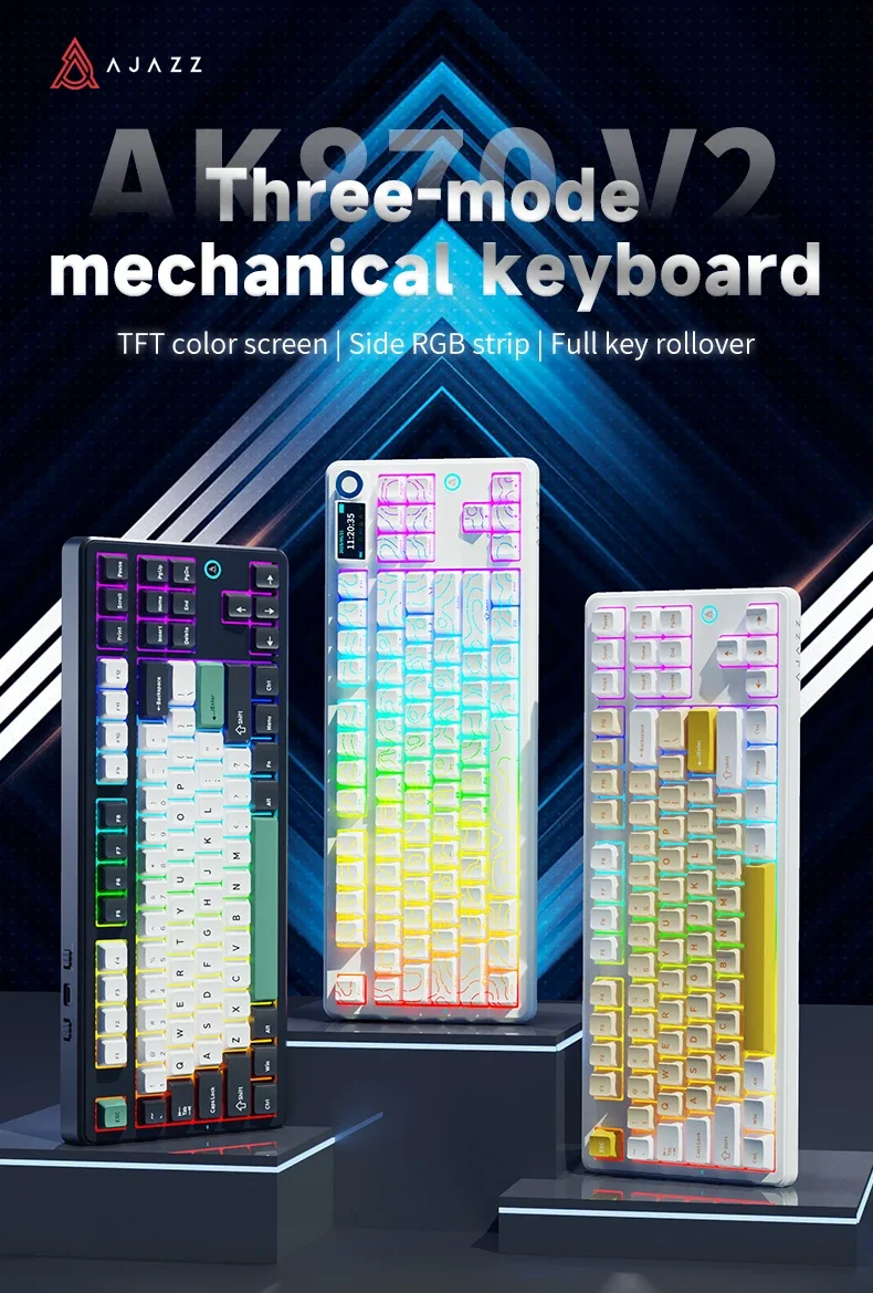 

AJAZZ AK870 V2 Triple-Mode Wireless Mechanical Keyboard with TFT Color Screen, Volume Knob, RGB Lighting, 87 Keys Hot-Swappable