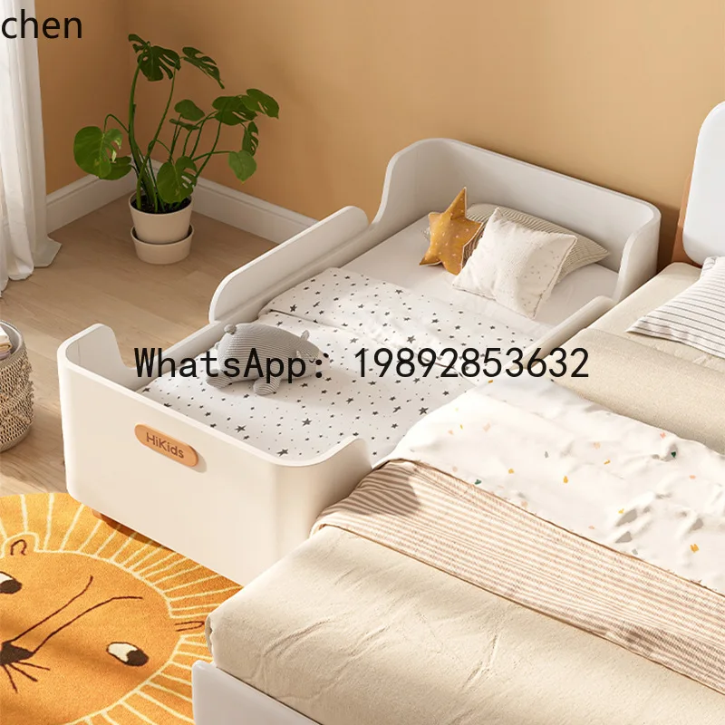solid wood boat-shaped guardrail bed, spliced single bed, cream white cot
