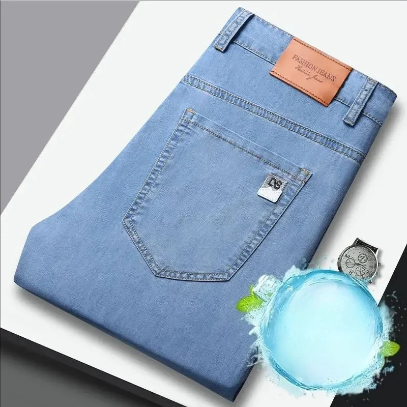 

Summer Ultra-thin Men's Jeans Lyocell Soft Breathable Loose Straight Light Blue Denim Pants Business Casual Ice Silk Trousers