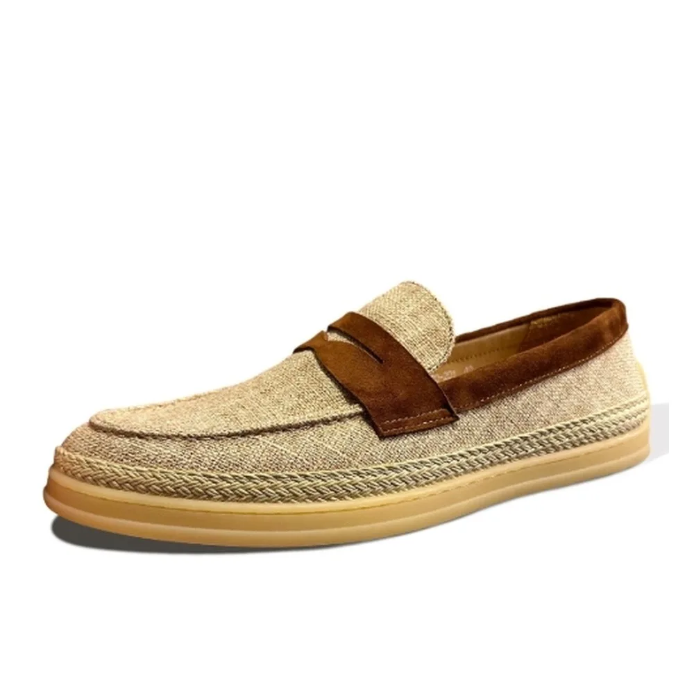 Men's Linen Penny Loafers, Slip On Woven Espadrille Shoes, Breathable Flat Casual Footwear For Summer Daily Vacation